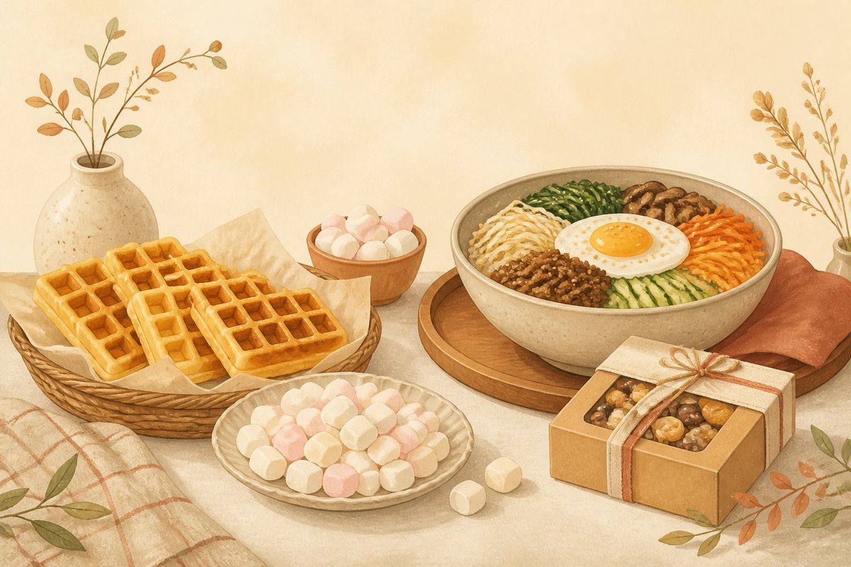 와플, 마시멜로, 비빔밥 재료가 놓인 따뜻한 색감의 일러스트